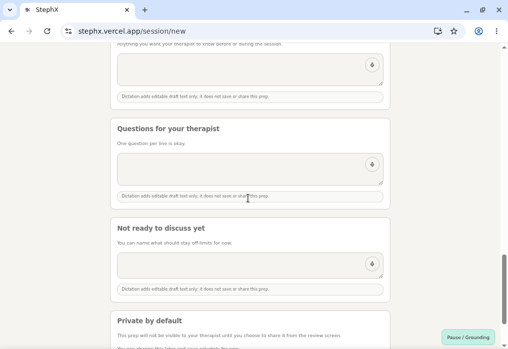 Long-form fields showing microphone controls for optional dictation.