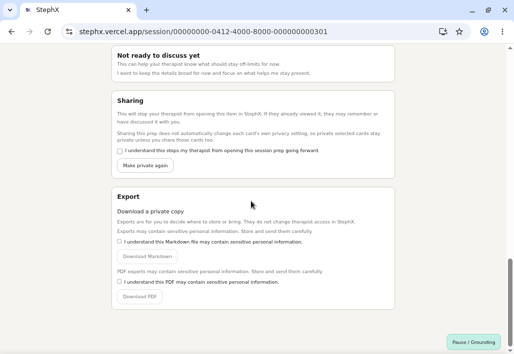 Export screen showing warnings before downloading sensitive preparation content.