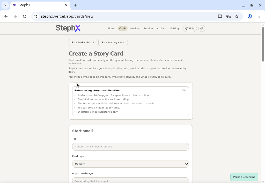 Create card screen showing gentle prompts for starting with a small amount of information.