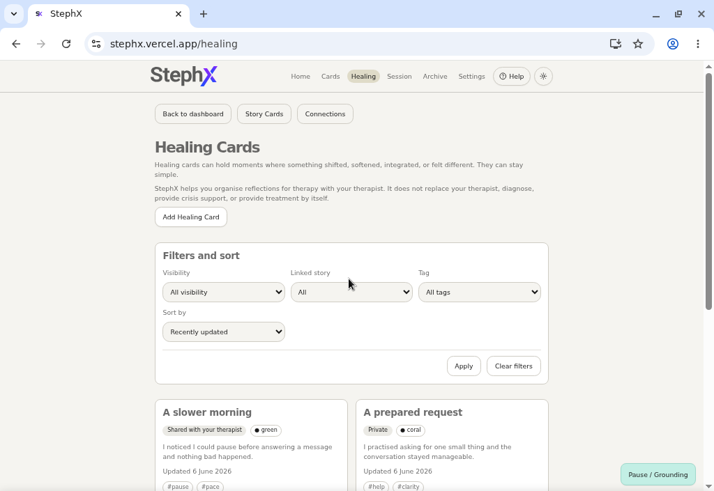 Healing cards list showing resource cards and card previews.