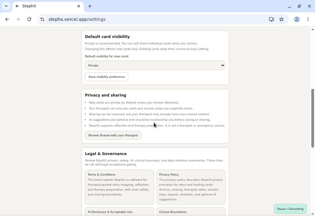 Privacy and safety controls showing private-by-default and sharing guidance.
