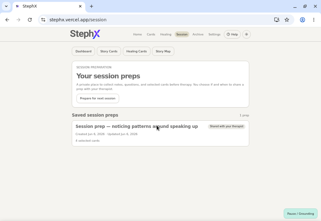 Session prep list showing saved preparation items.