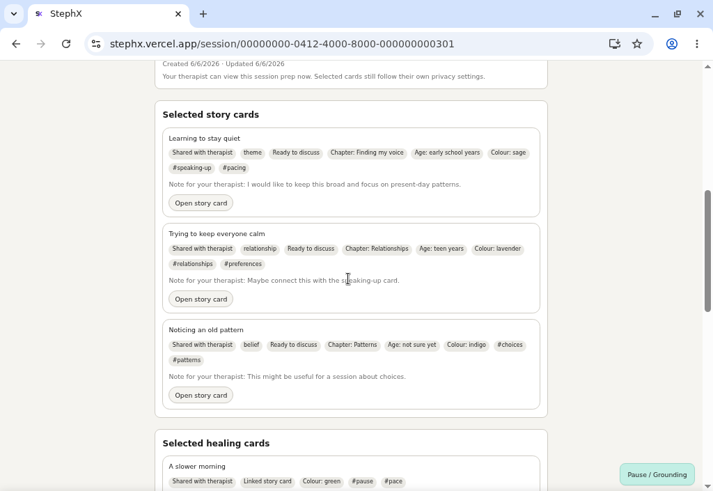 Session prep form showing selected story and healing cards.