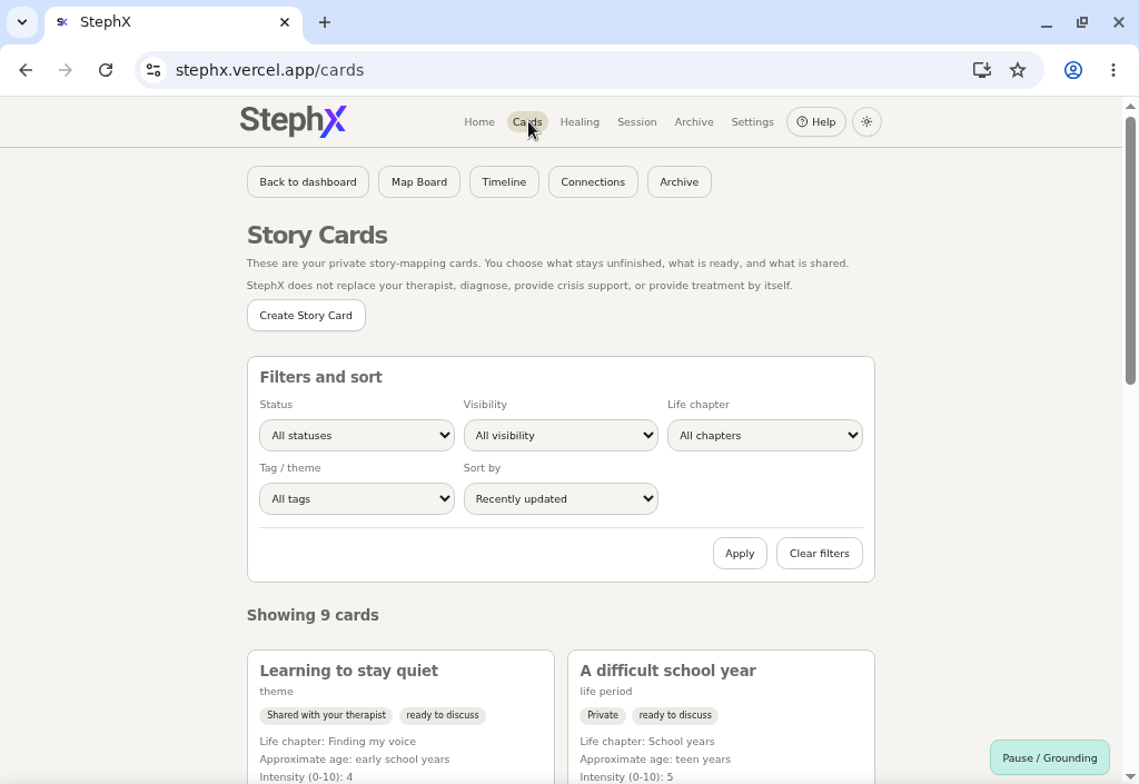 Story cards list showing filters, card previews, and private or shared status.