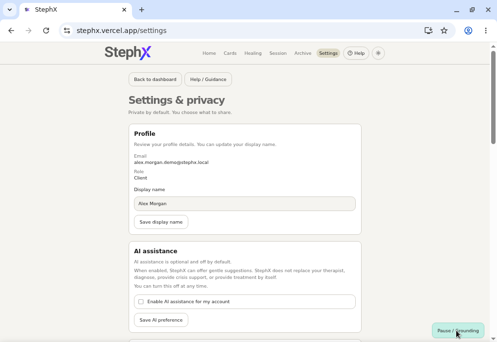 Settings and permissions screen for checking basic account and browser settings.