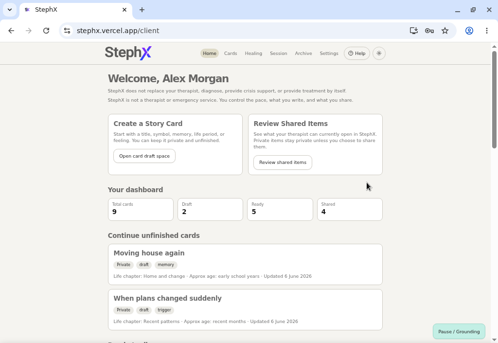 Client dashboard showing card creation, shared item review, and current work areas.
