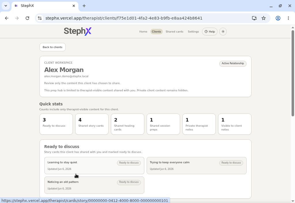 Therapist client workspace showing shared client content only.