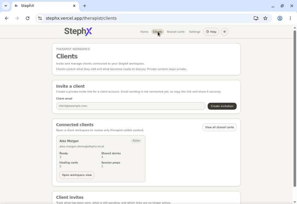 Therapist clients list showing linked clients and invite states.