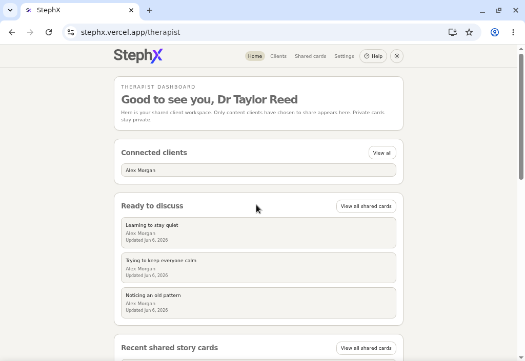 Therapist dashboard showing linked client workspace activity and Help access.