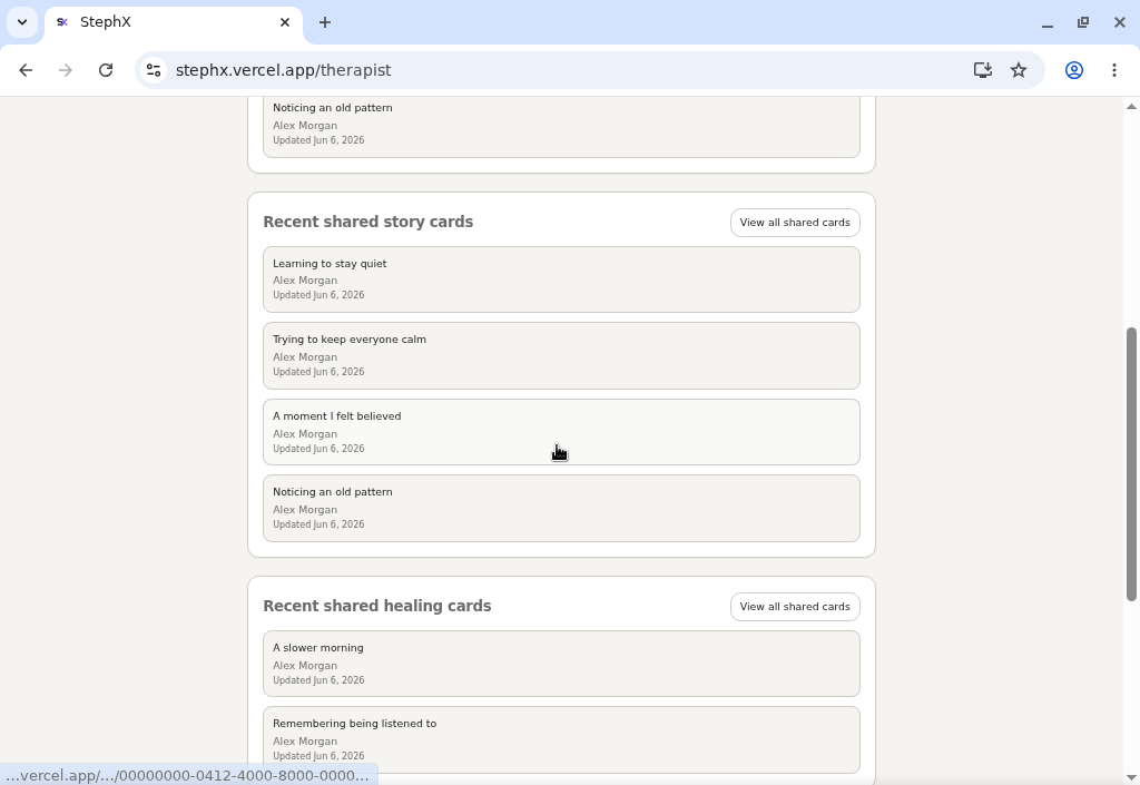 Therapist dashboard showing recent shared activity and shared session preparation.