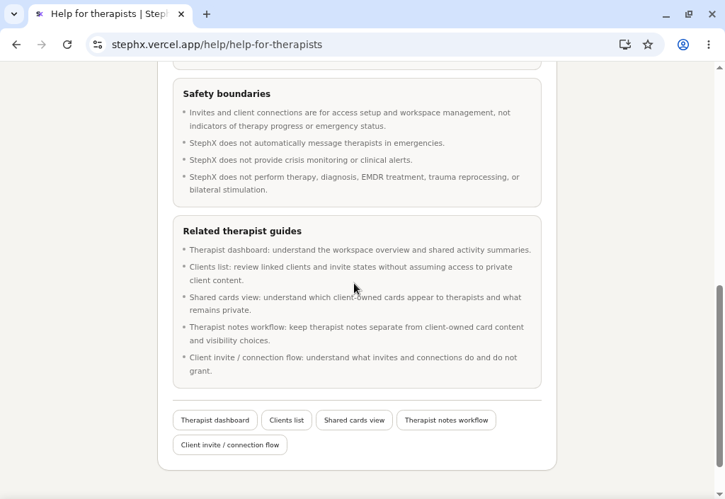 Therapist Help overview showing guide cards for dashboard, clients, shared cards, notes, and invites.