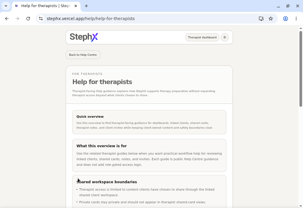 Therapist Help overview showing the therapist guidance introduction and Help Centre navigation.