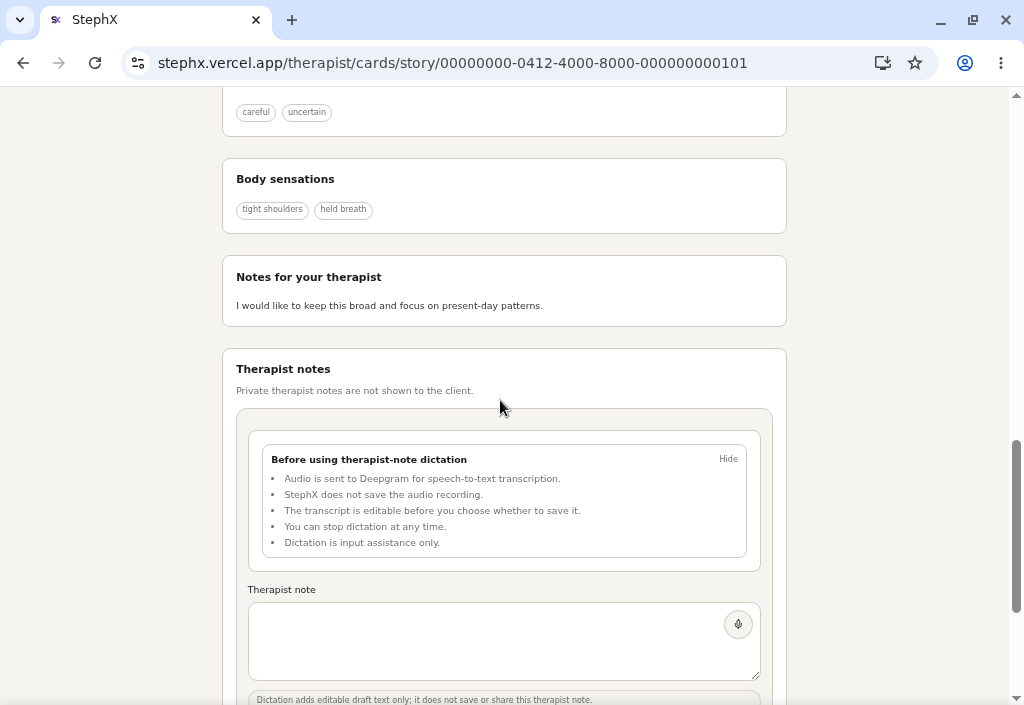 Therapist notes area showing note workflow and client visibility controls.