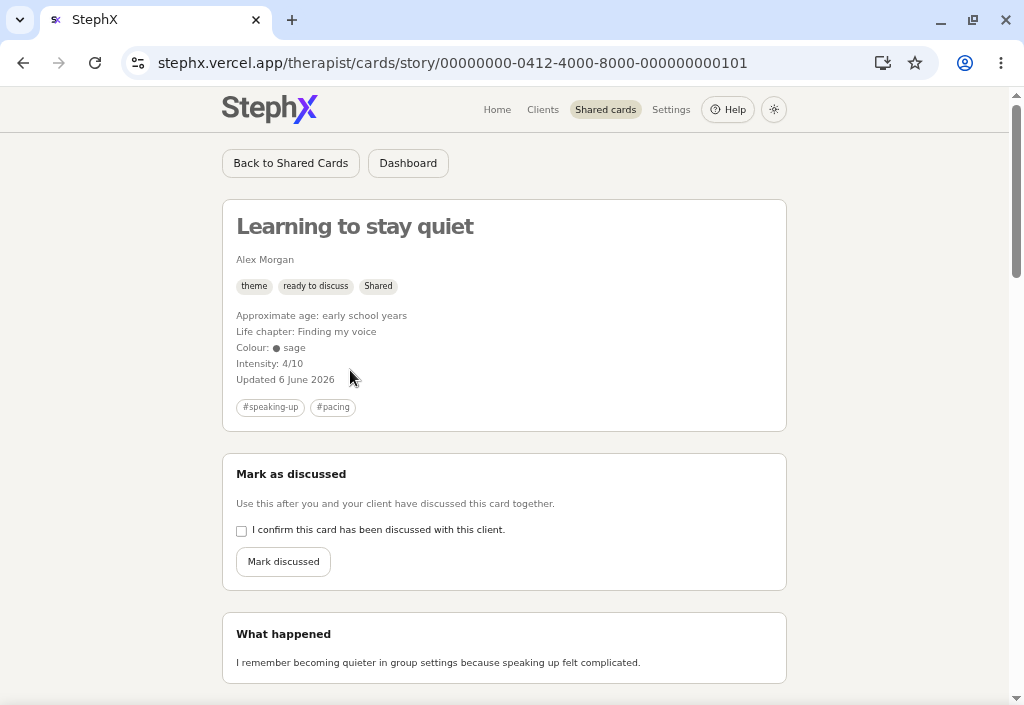 Therapist shared card detail showing read-only client-owned content.