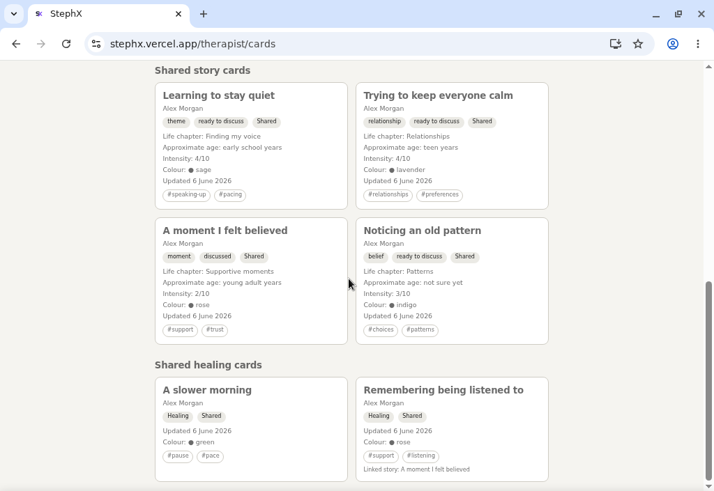 Therapist shared cards grid showing multiple shared story and healing card previews.