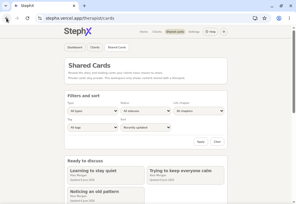 Therapist shared cards view showing filters and shared card previews.